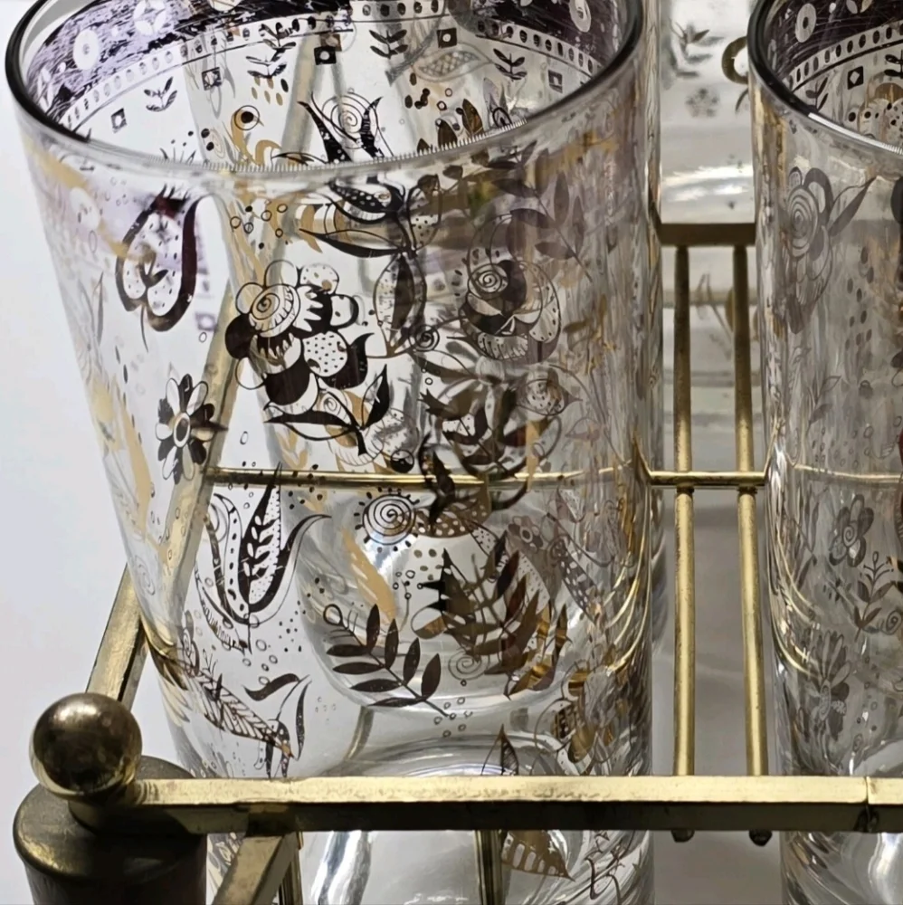 Vintage MCM Georges Briard Drinkware Bar Set 8 Highball Glasses Ice Bucket Stand